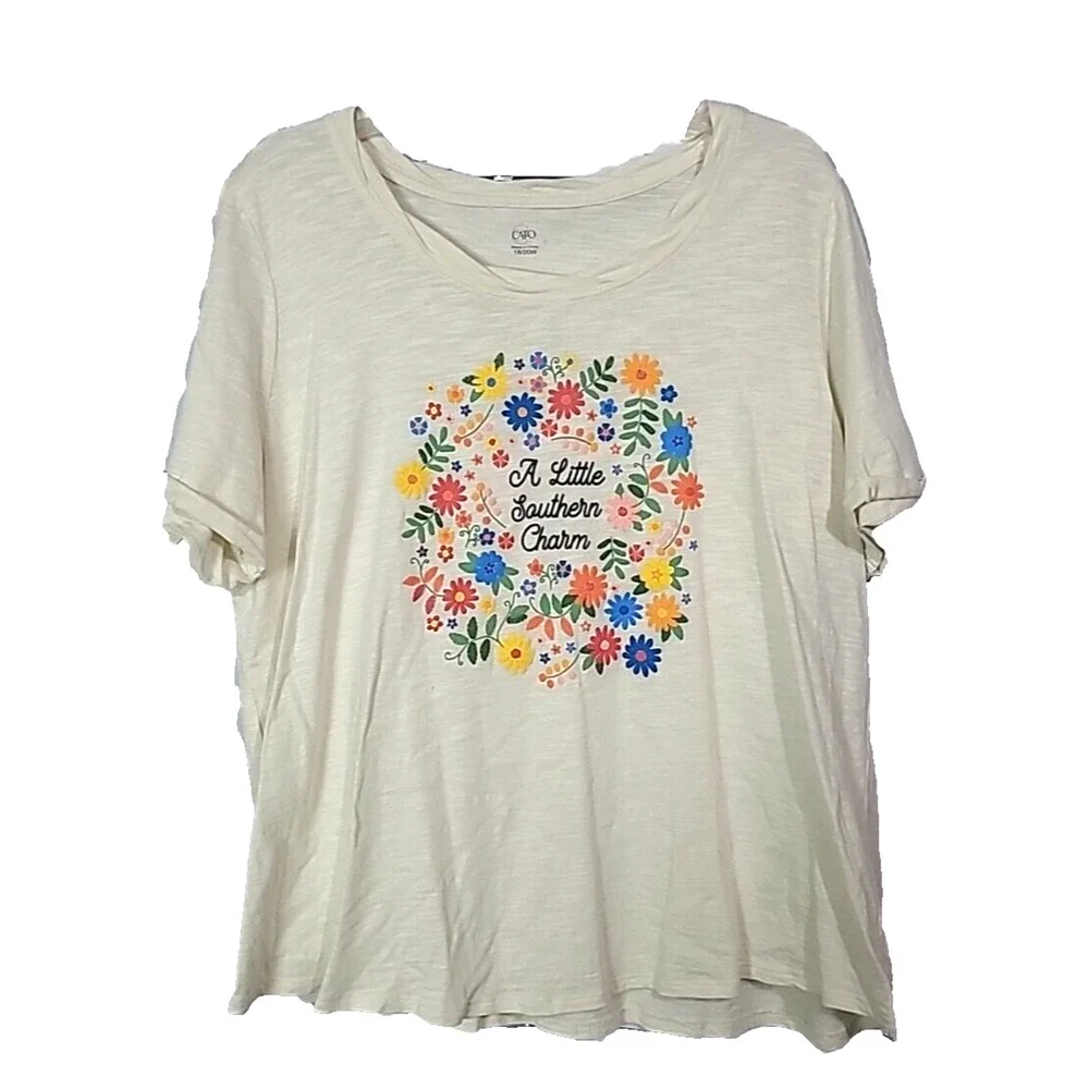 Cato Ivory Floral A Little Southern Charm Short Sleeve Top Womans Size 18/20W - Picture 1 of 5